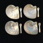 Set 4 platos forma concha de mar y 4 cucharas para caviar de nácar
