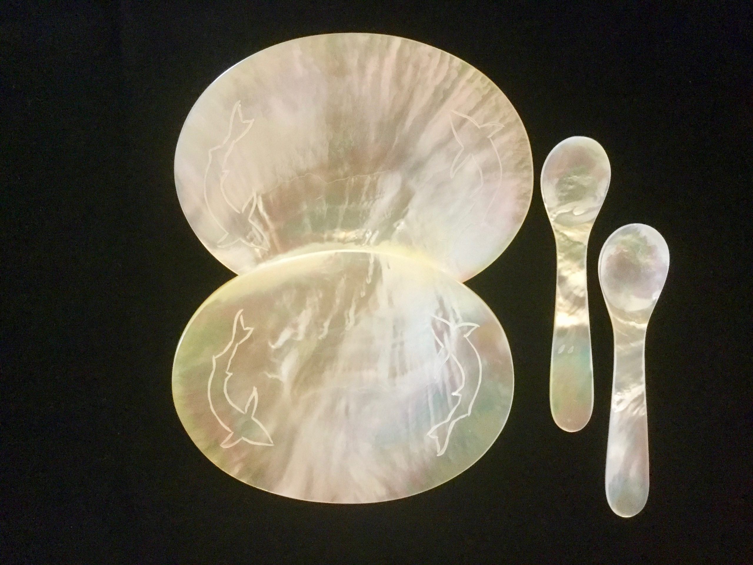 IMG_1796-scaled-1.jpeg Set de 2 platos forma óvalo decorados con peces y 2 cucharas para caviar de nácar - Image 1